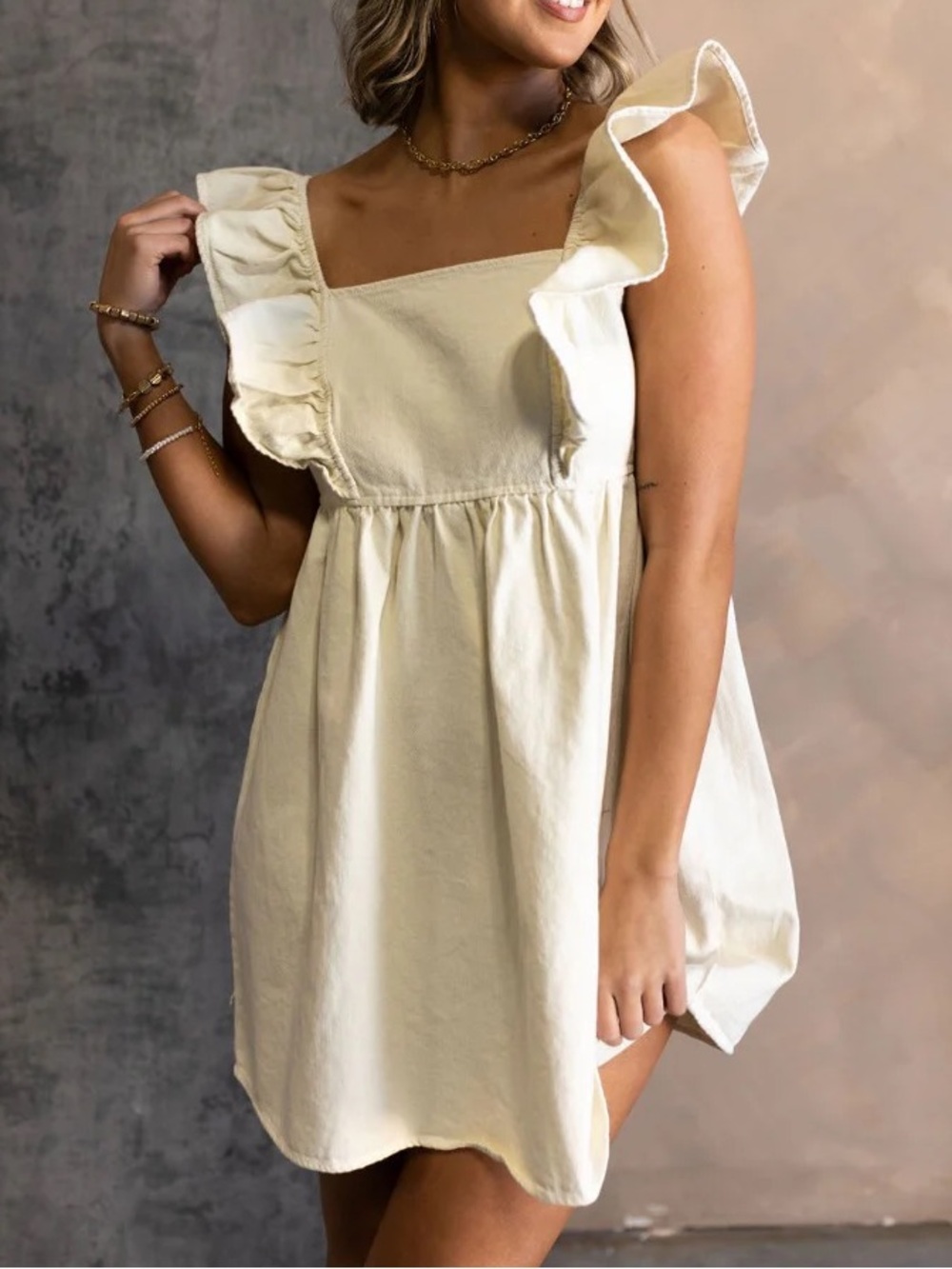 325. Gilli Cream Smocked Bodice Denim Light Yellow Mini Dress